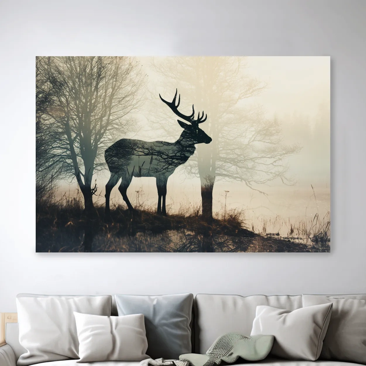 Double exposure photographic artwork of a deer silhouette in the forest