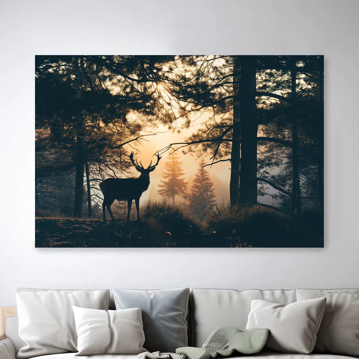 Photograph of a deer silhouette in the forest at sunset