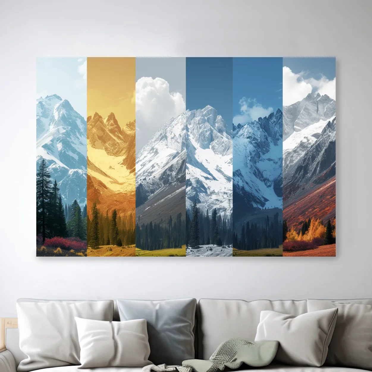 Alpine mountain artwork, forest and glacier, split panel changing of seasons inspired