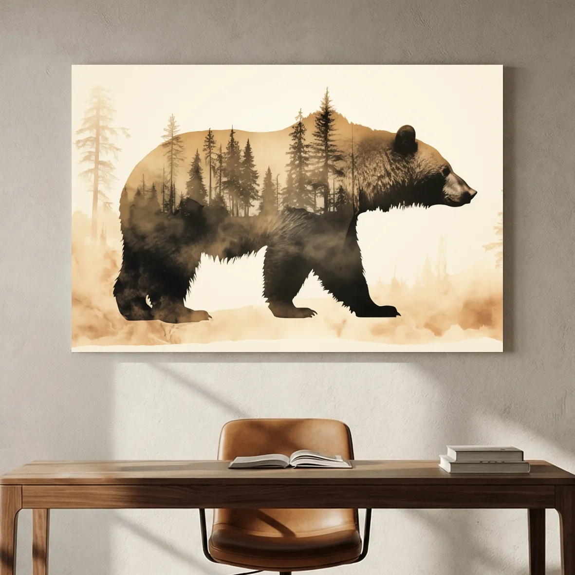 Double Exposure Grizzly Bear Forest Silhouette - Misty Wilderness Nature Artwork
