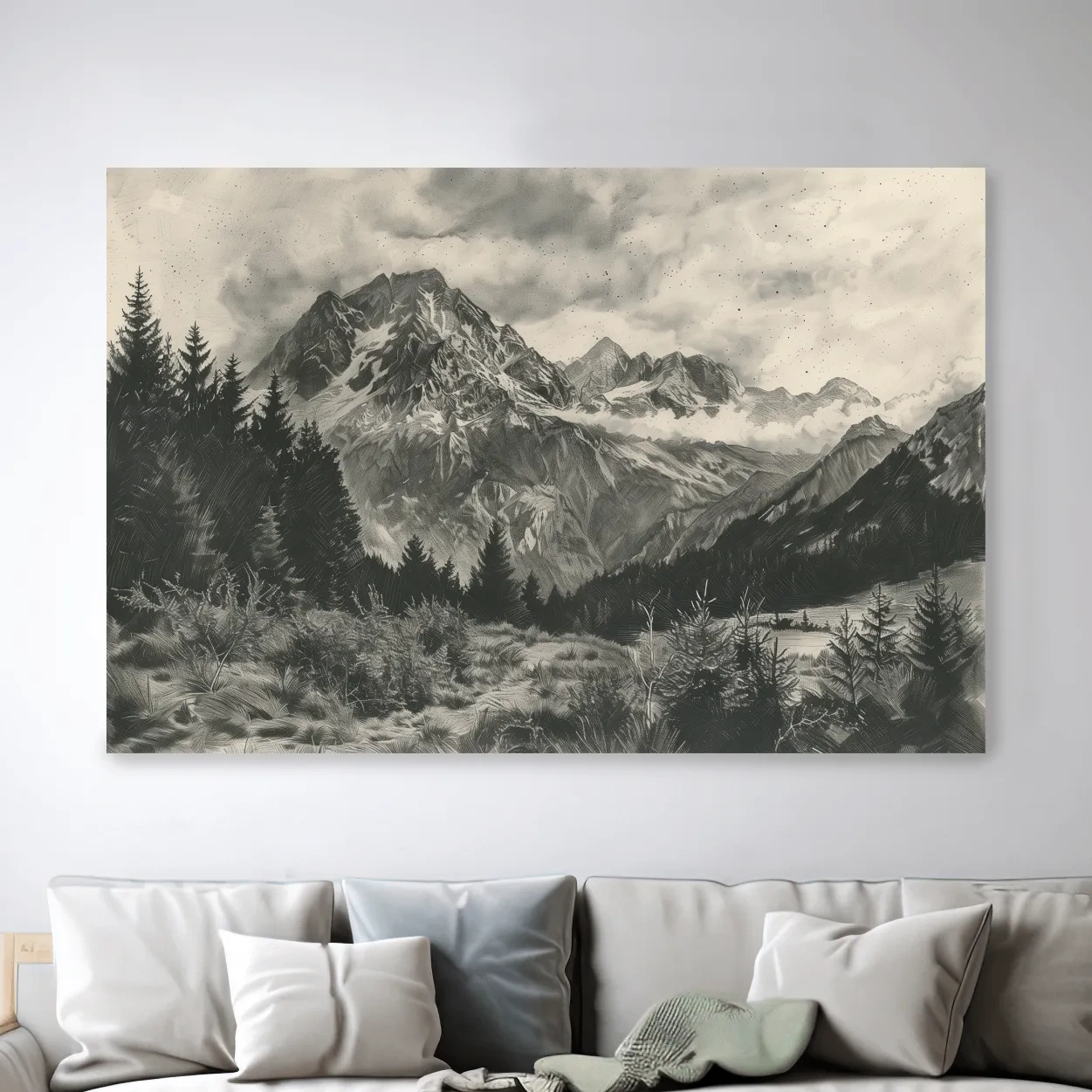 Lead pencil drawing, alpine meadows glacier artwork