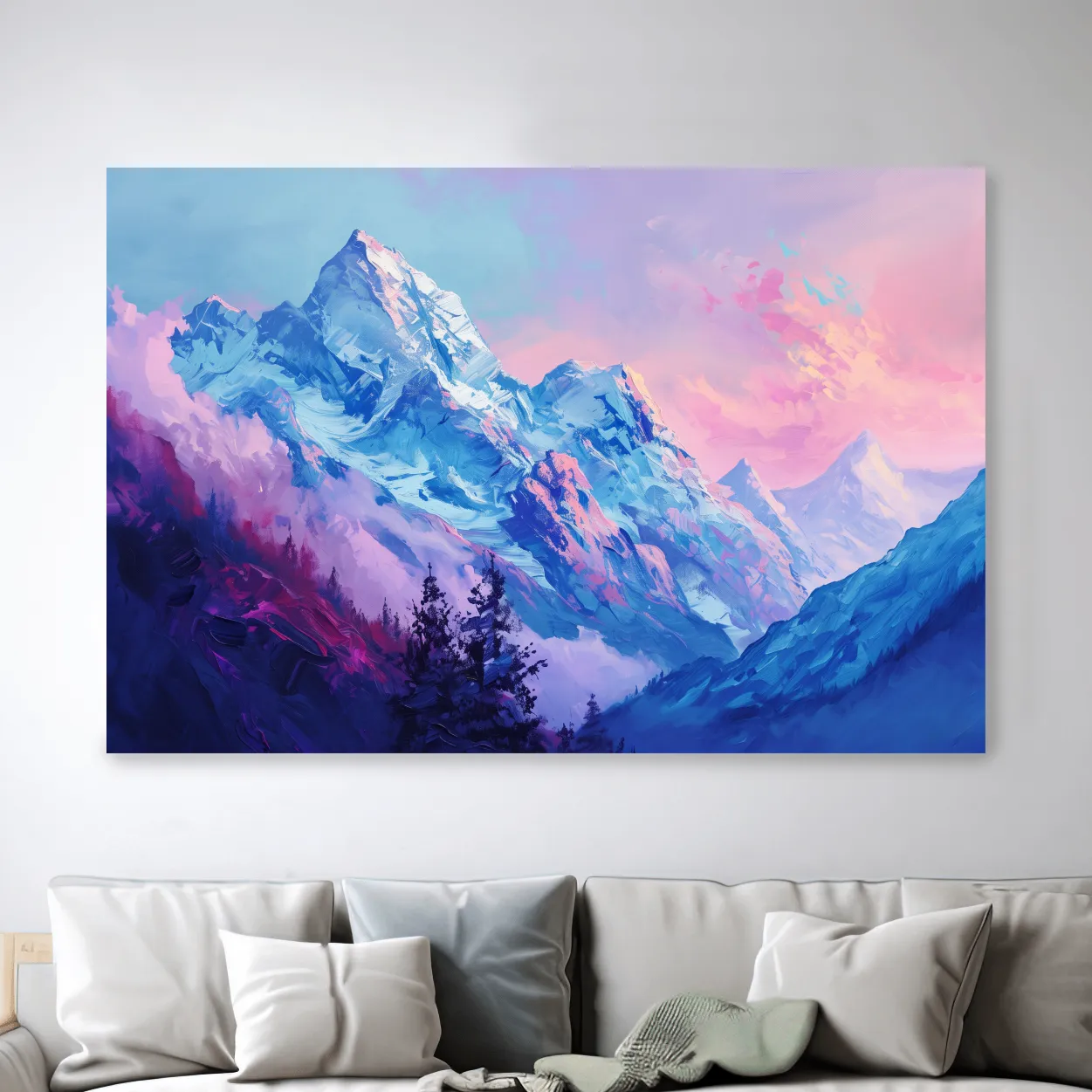 Impressionism style painting of a pink alpine sunset over a glacier