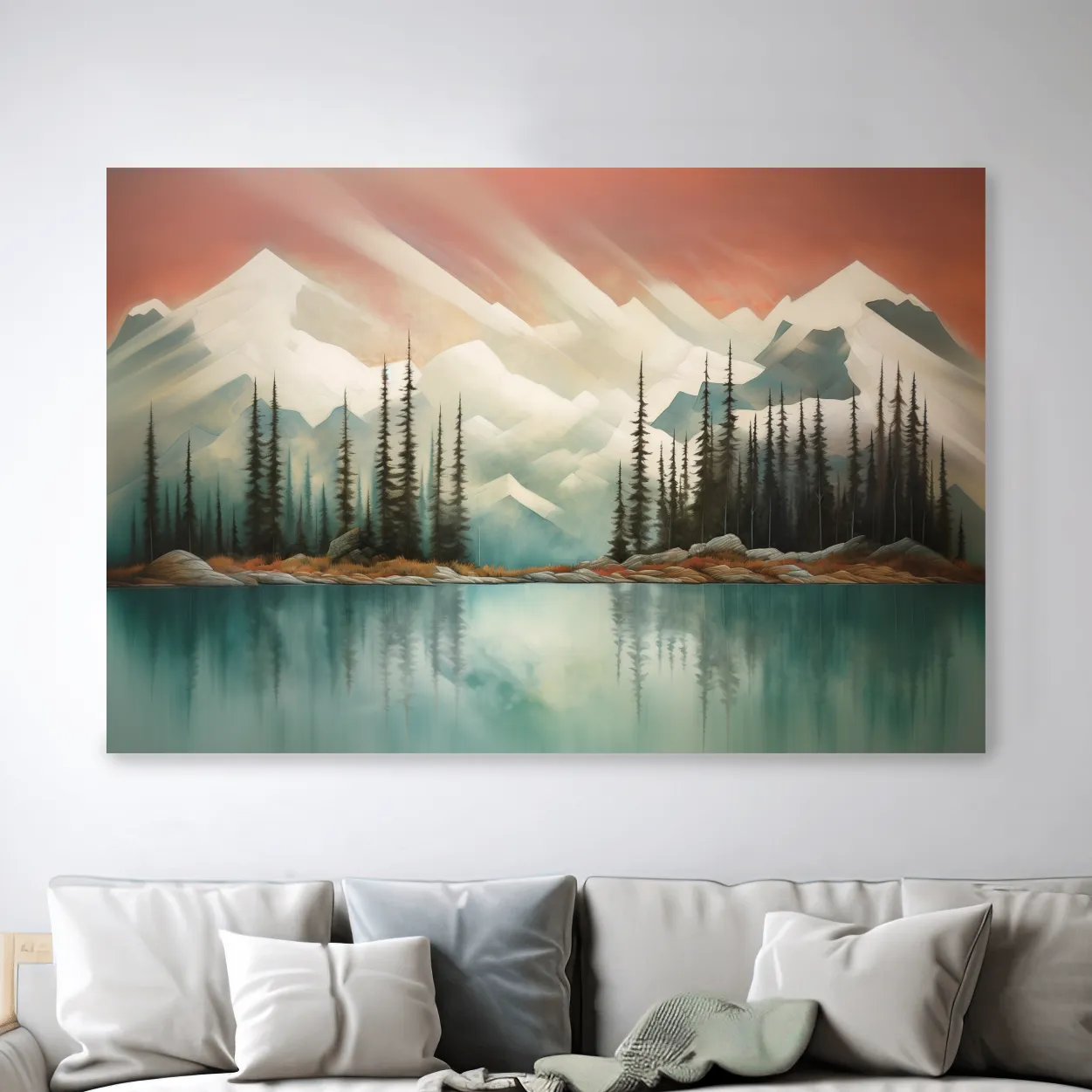 Abstract Alpine Lake Landscape Painting - Serene Pine Forest Mountain Wall Art