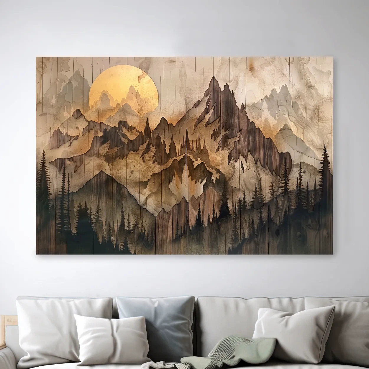 Rustic Sepia Mountain Sunrise Landscape - Vintage Wood Grain Watercolor Artwork