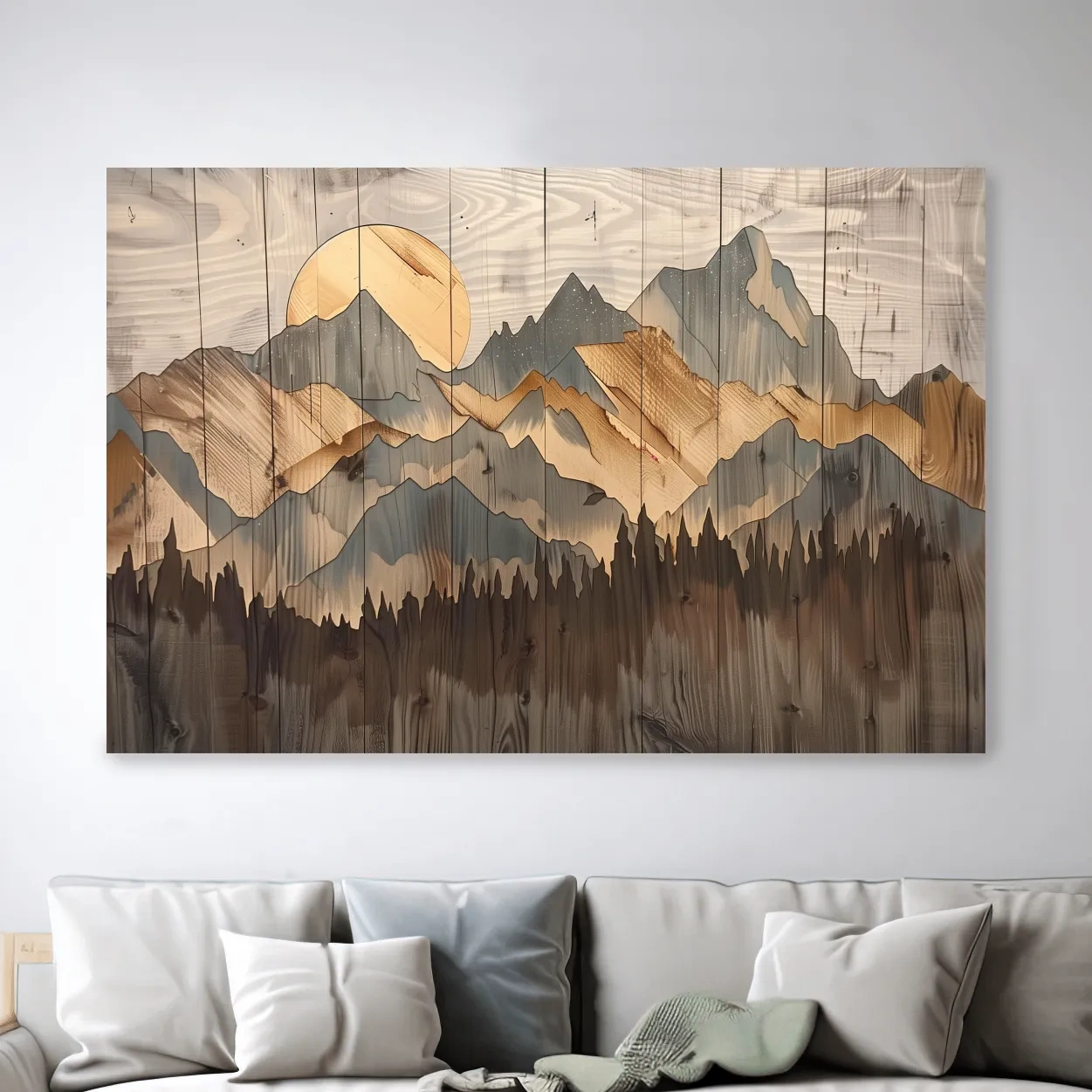 Rustic mountain artwork, painting on wood panel effect