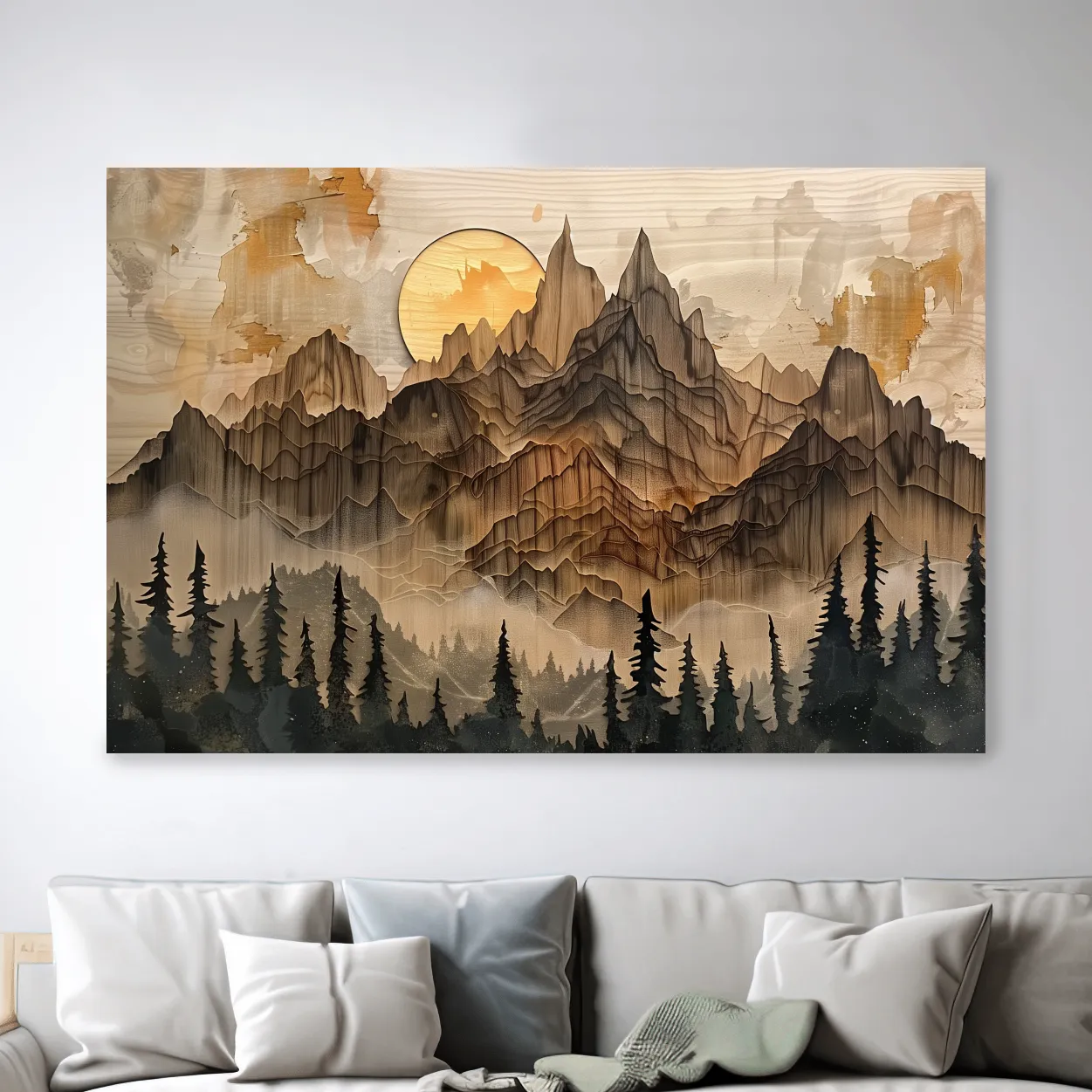 Rustic Mountain Sunset Landscape - Woodcut Style Alpine Wall Art