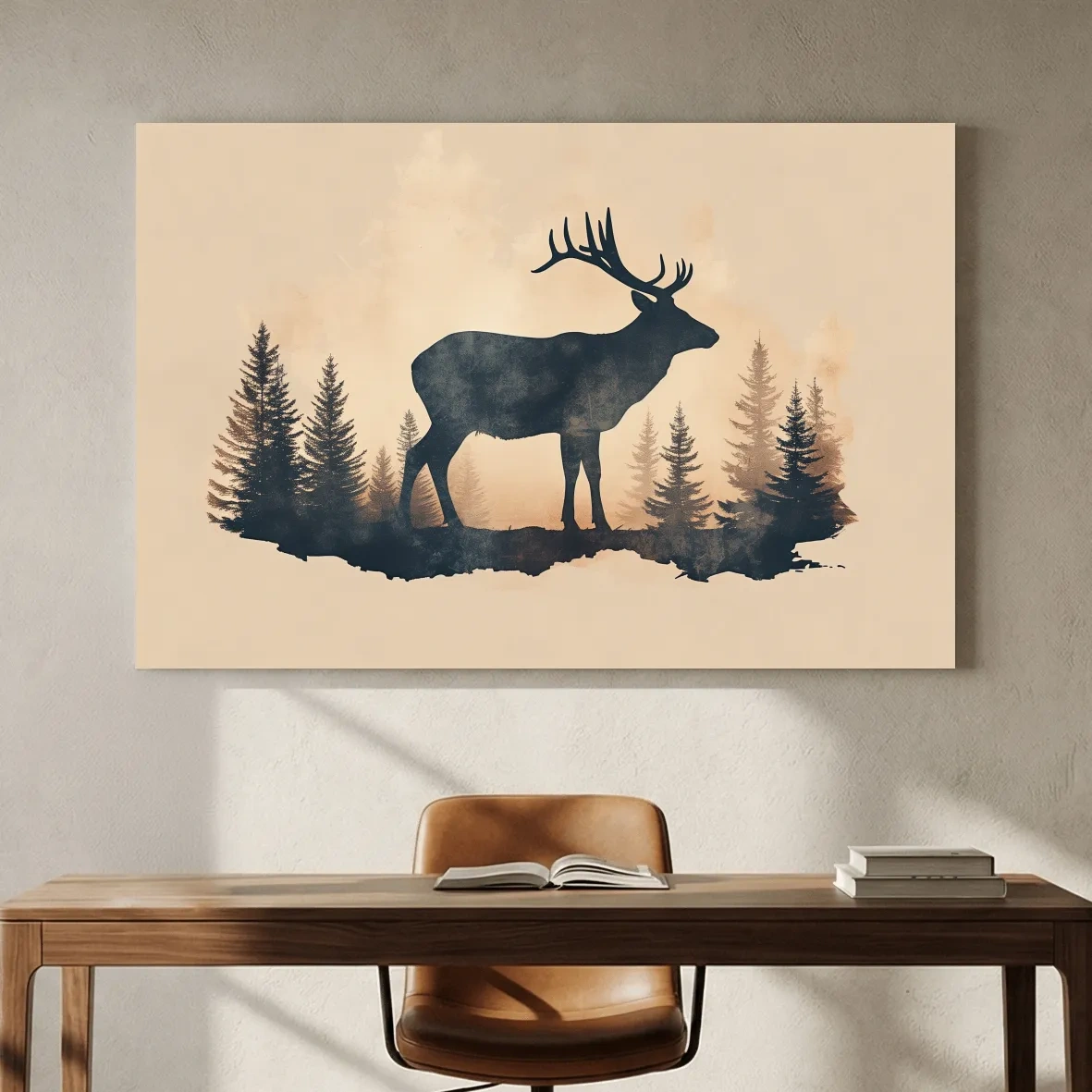 Vintage Sepia Deer Silhouette In Pine Forest - Rustic Woodland Artwork