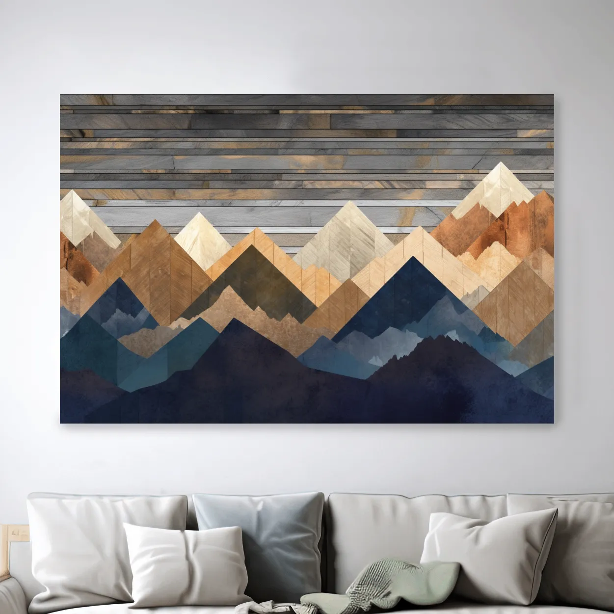 Geometric Layered Mountain Peaks - Rustic Wood Texture Abstract Wall Art