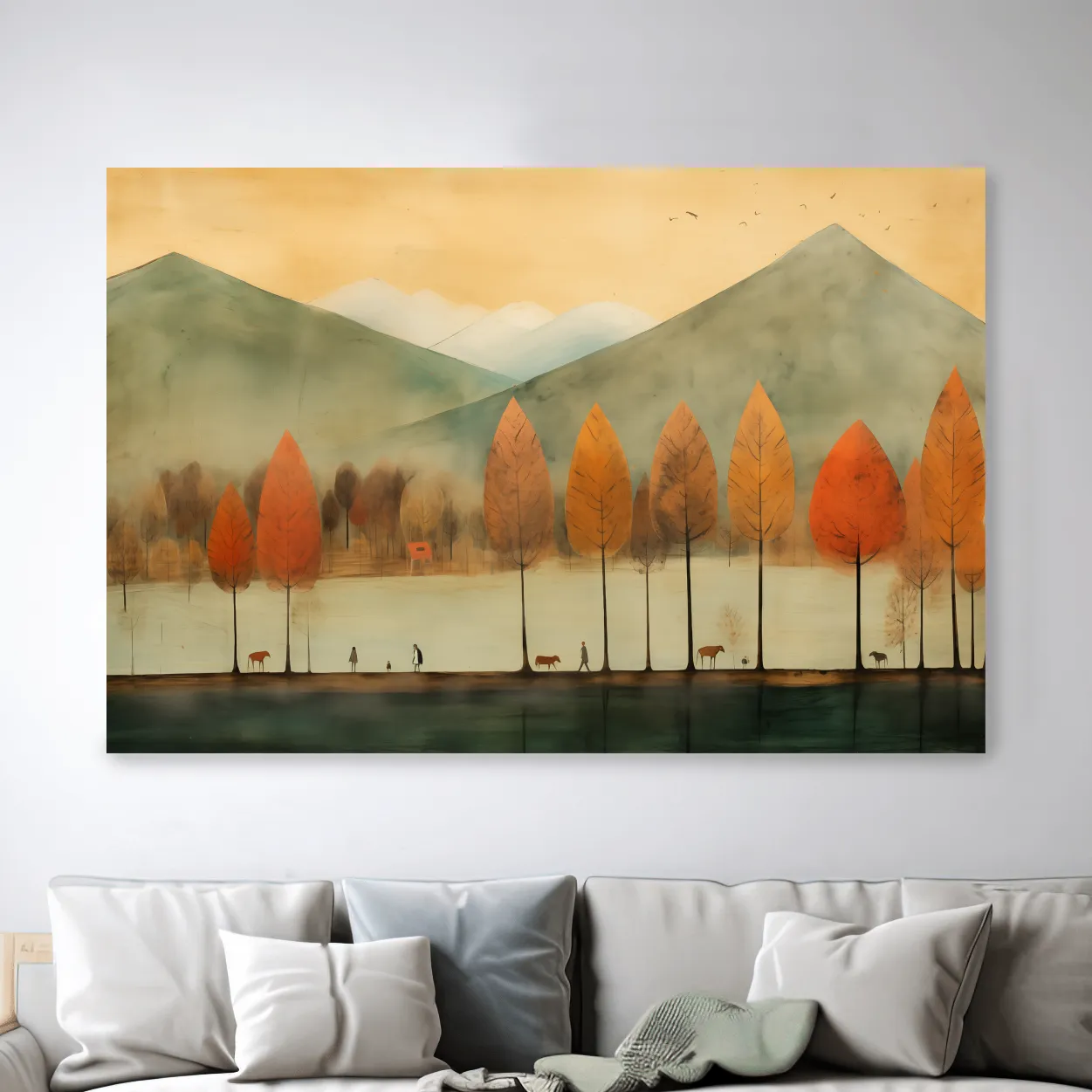 Autumn Tree Lined Lake Landscape - Quirky Watercolor Style Wall Art