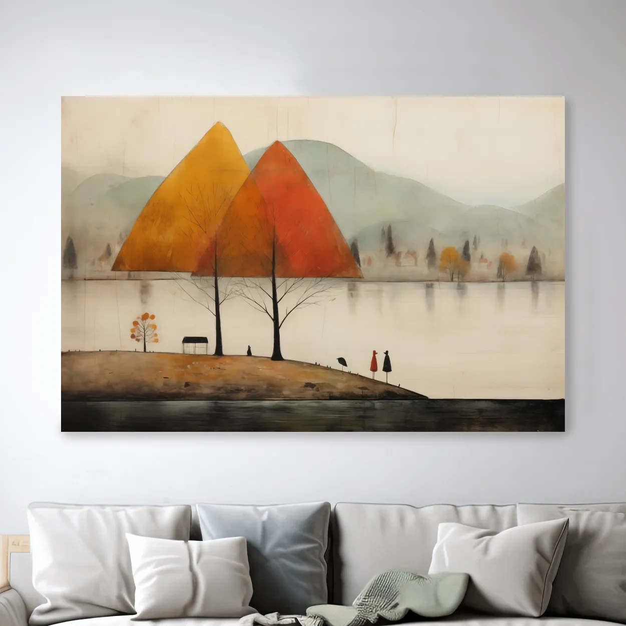 Autumn Mountains Over Misty Lakeside - Quirky Landscape Artwork