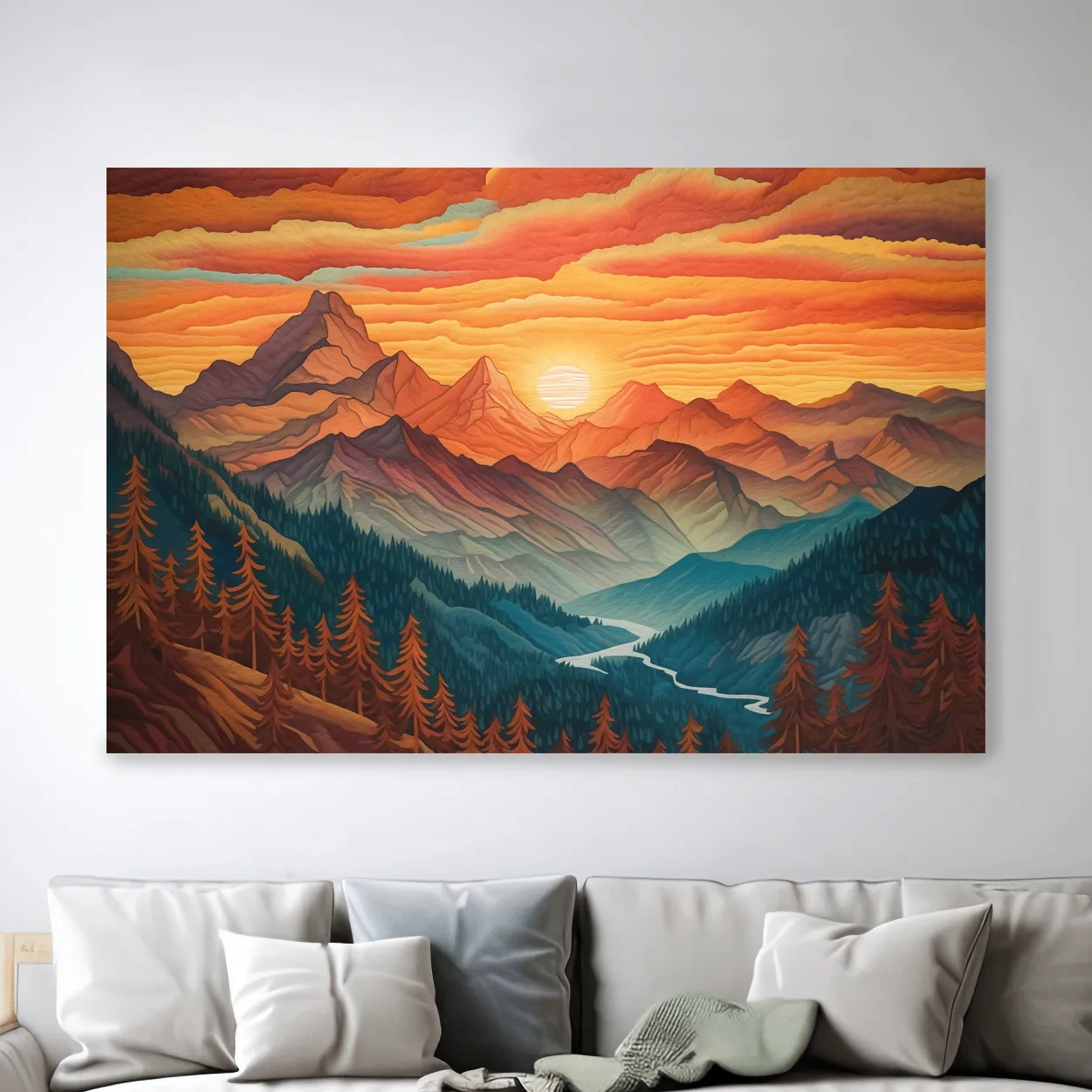 Textured effect artwork of a mountain landscape at sunset