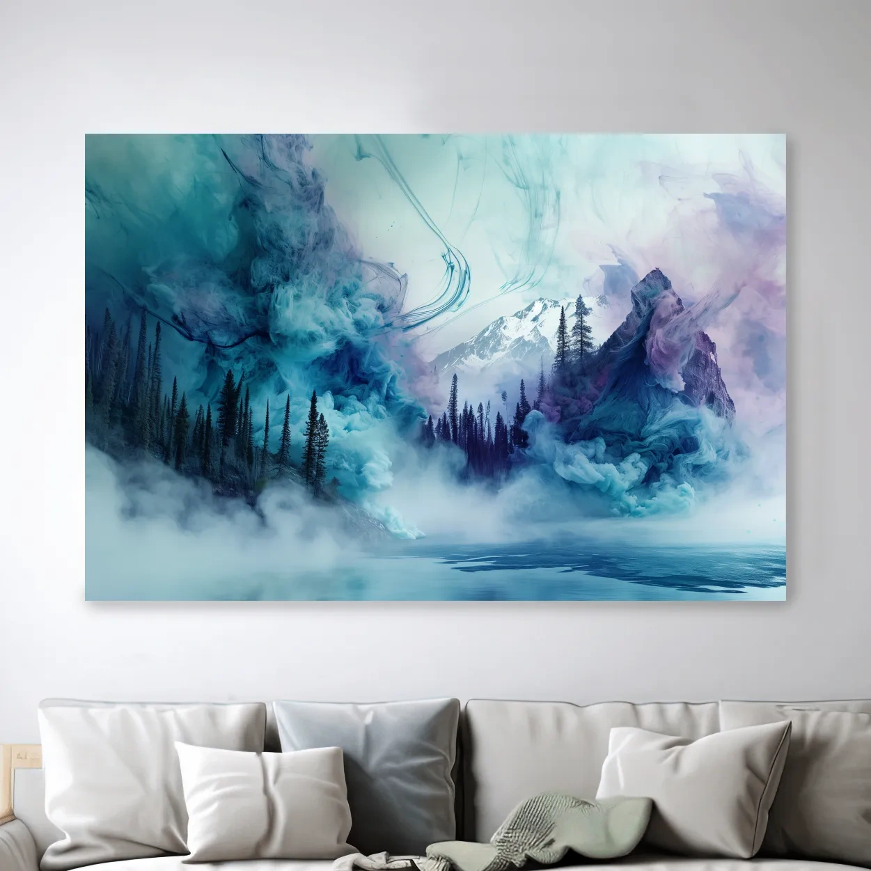 Abstract mountain painting, fog swirling through an alpine lake