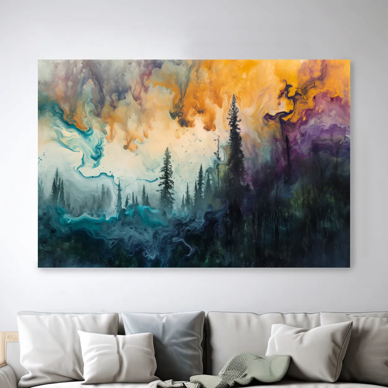 Abstract foggy forest painting, swirling colors and smoke