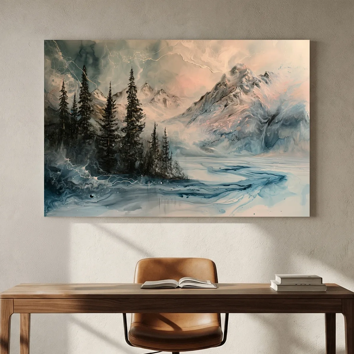 Ethereal Mountain Lake Alpine Forest - Moody Abstract Alcohol Ink Wall Art