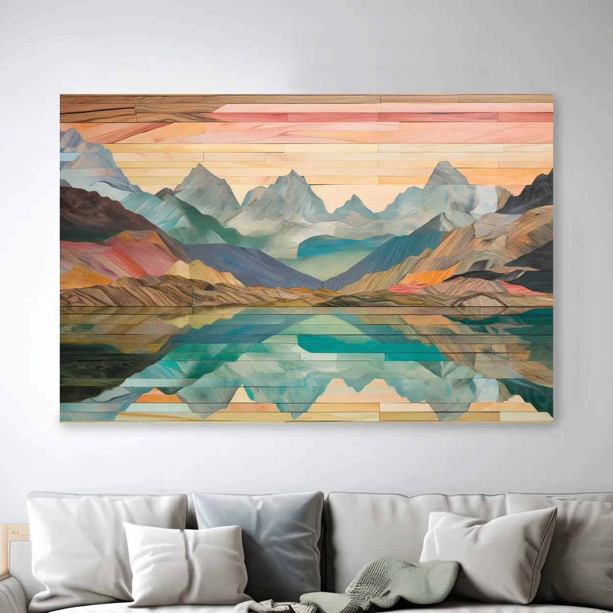 Wooden panel style alpine lake and mountain artwork