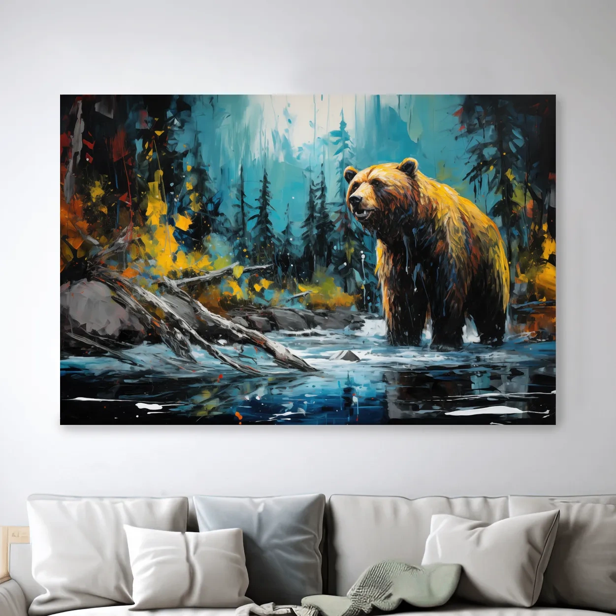 Colourful painting of a grizzly bear in the river