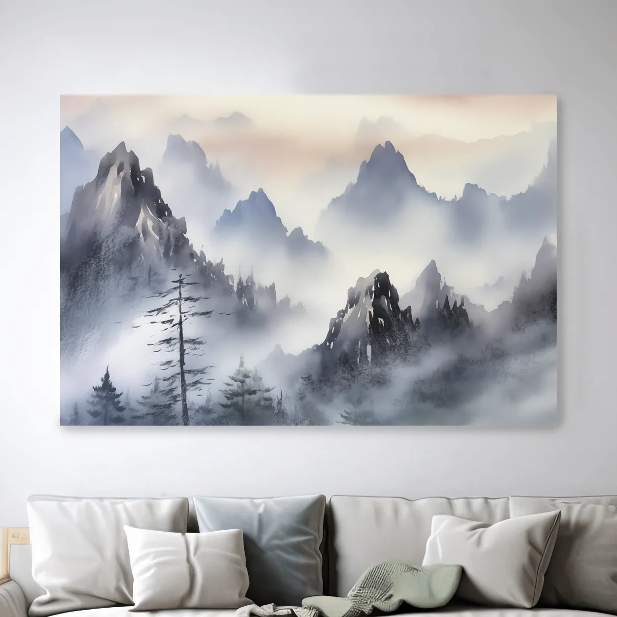 Chinese traditional ink wash style watercolour painting of foggy mountains
