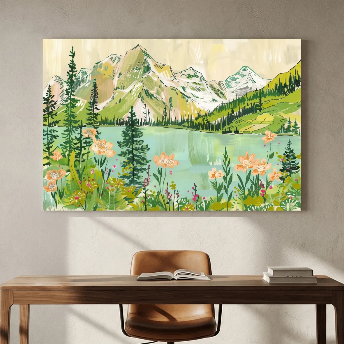 Whimsical Alpine Lake Wildflower Stylized Painting - Mountain Meadows Wall Art