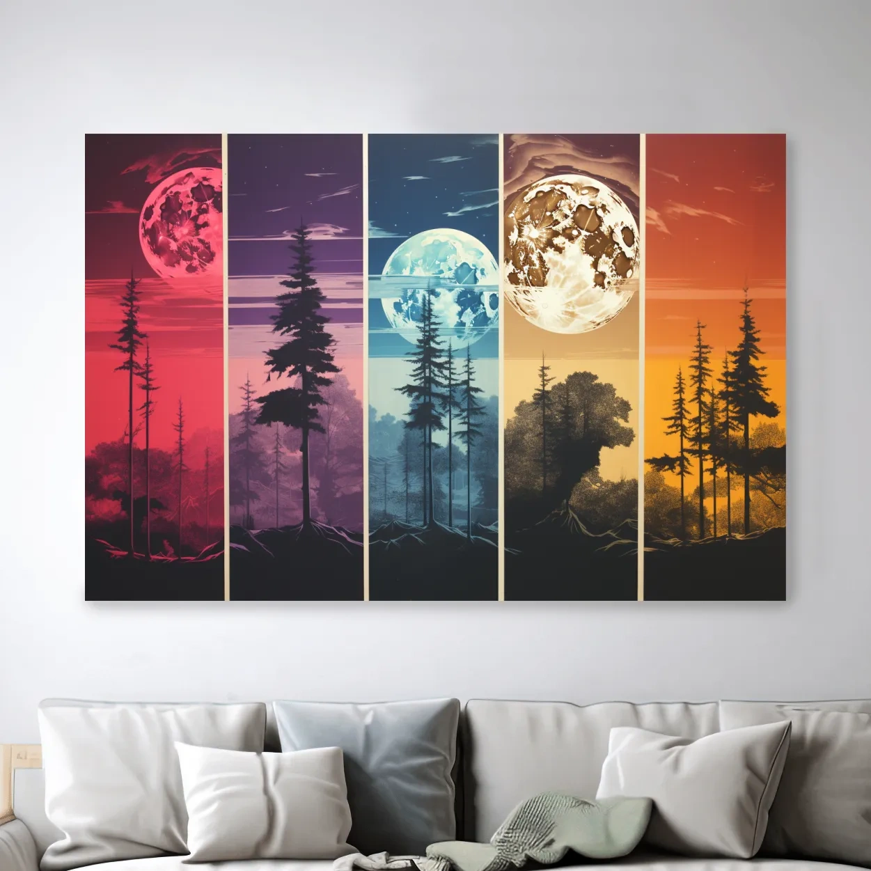 Multipanel colorful treeline under the moonlit sky, risograph style artwork