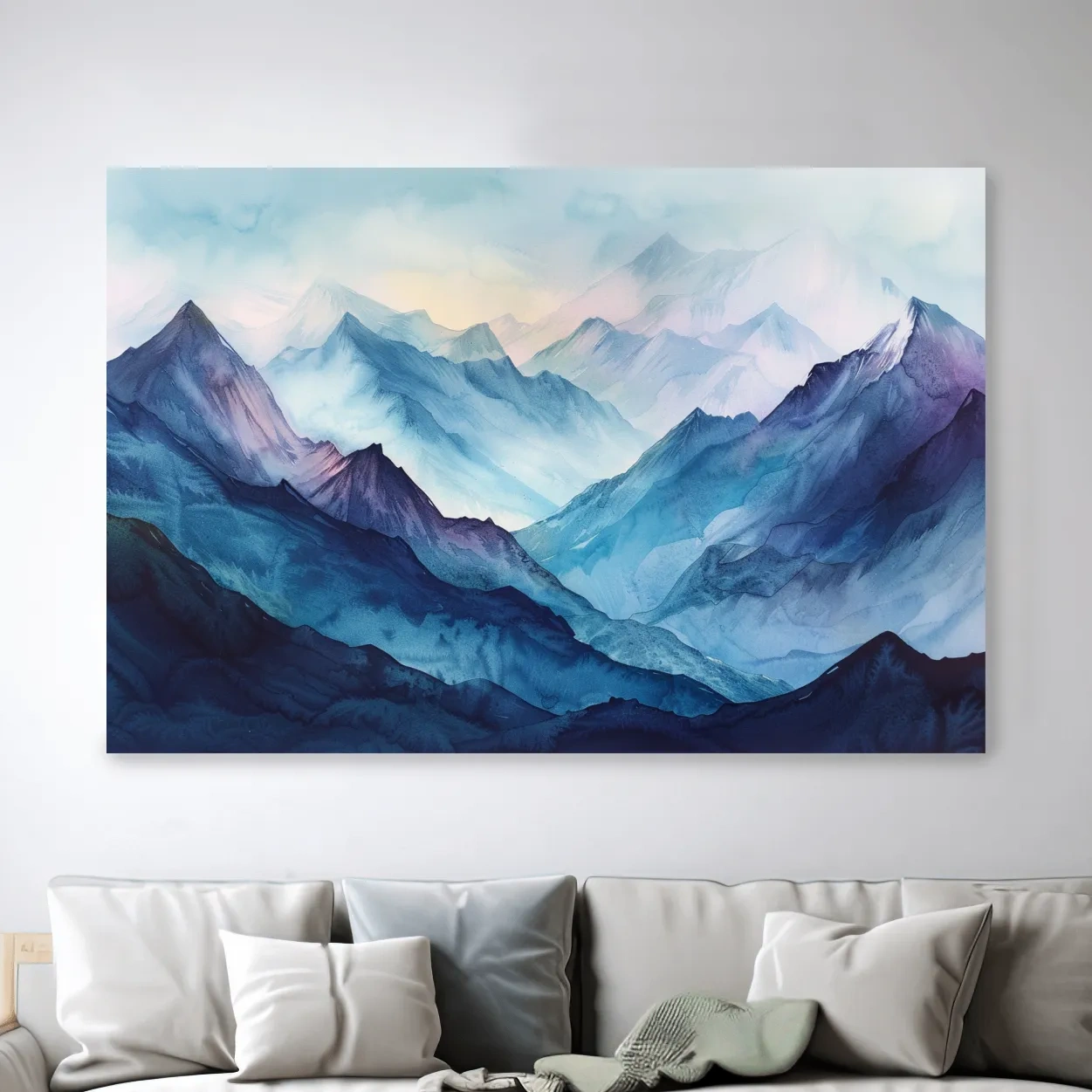Watercolour mountain painting, colourful mountain landscape artwork