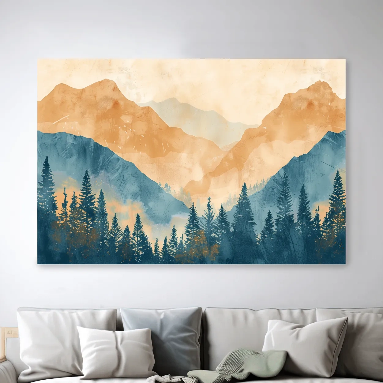 Watercolour painting, foggy treeline in the mountains, textured art style