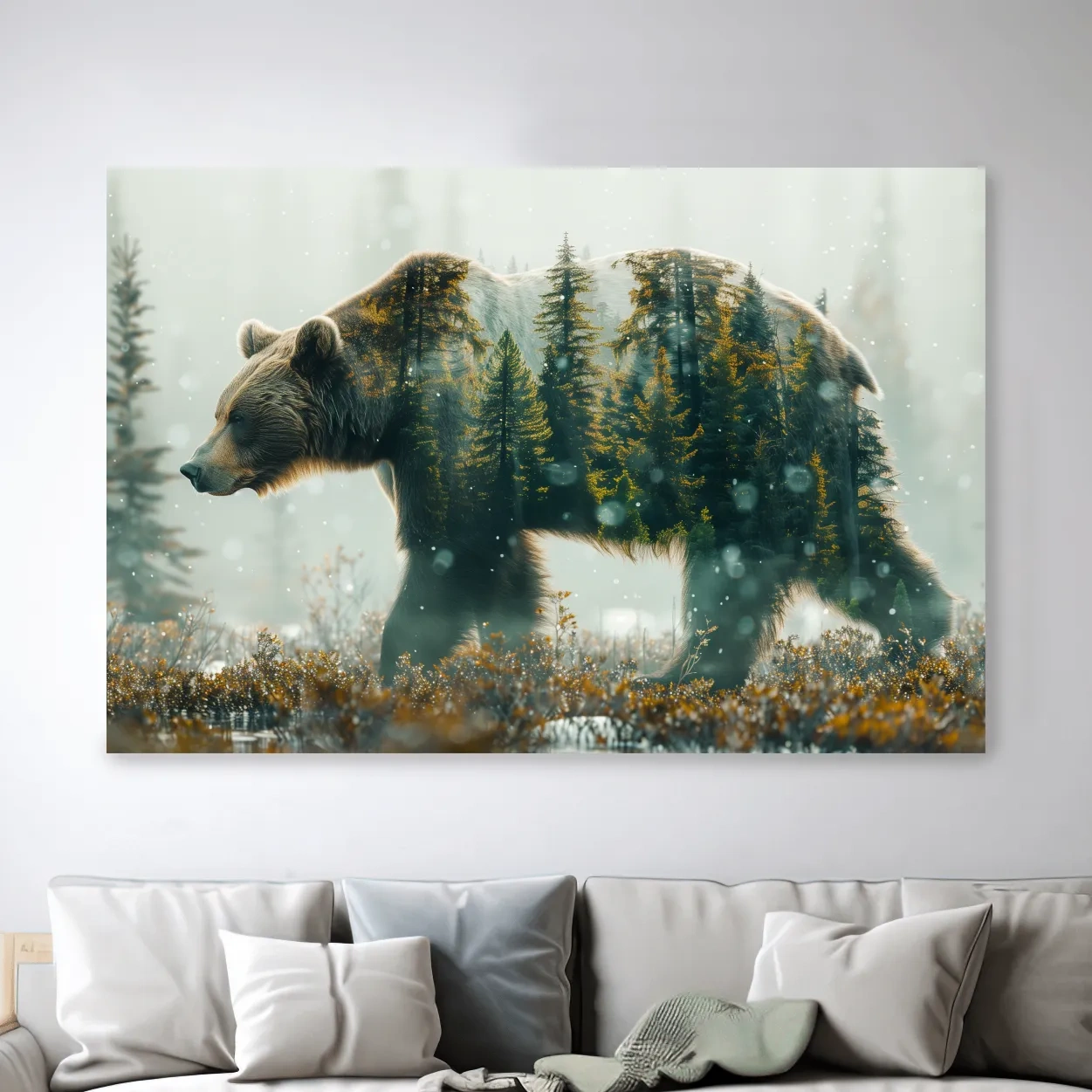 Double exposure photography, grizzly bear in the forest