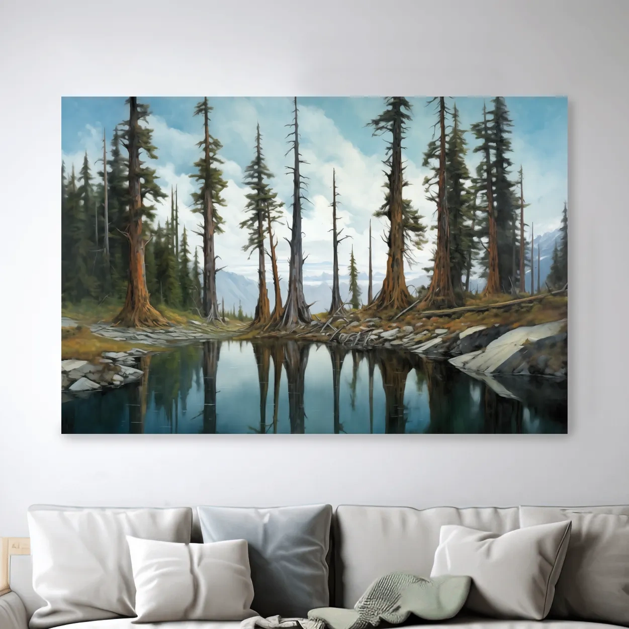 Painting of a line of trees beside a lake and mountains, forest artwork