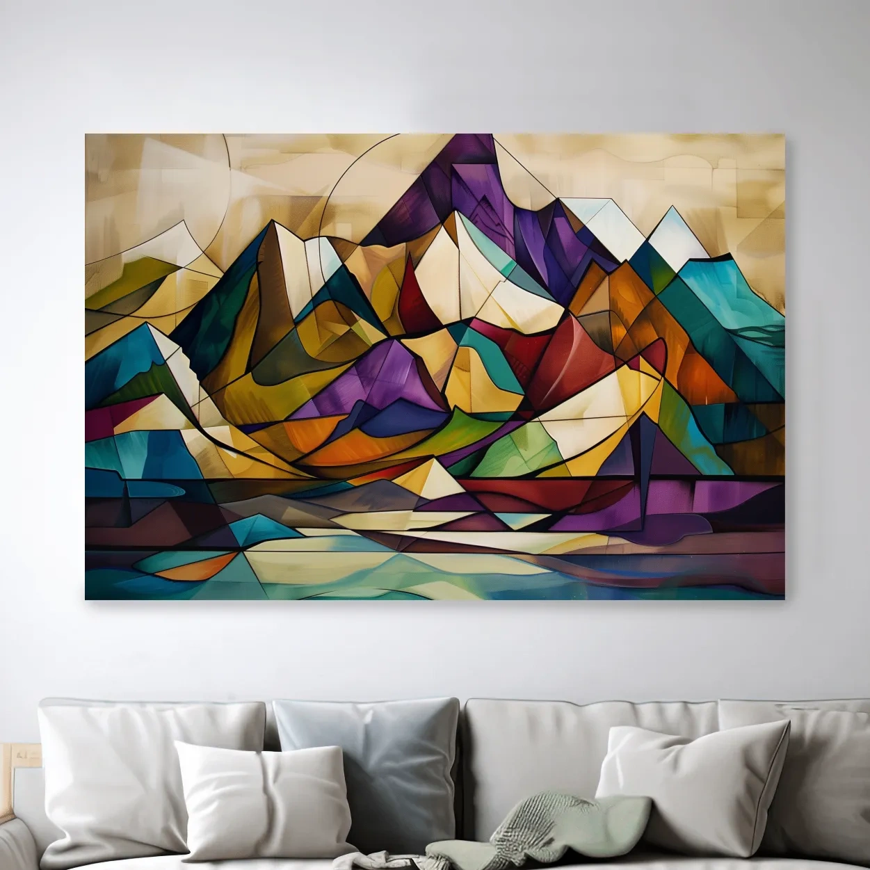 Abstract colorful mountain art, mixed media leadlight style painting