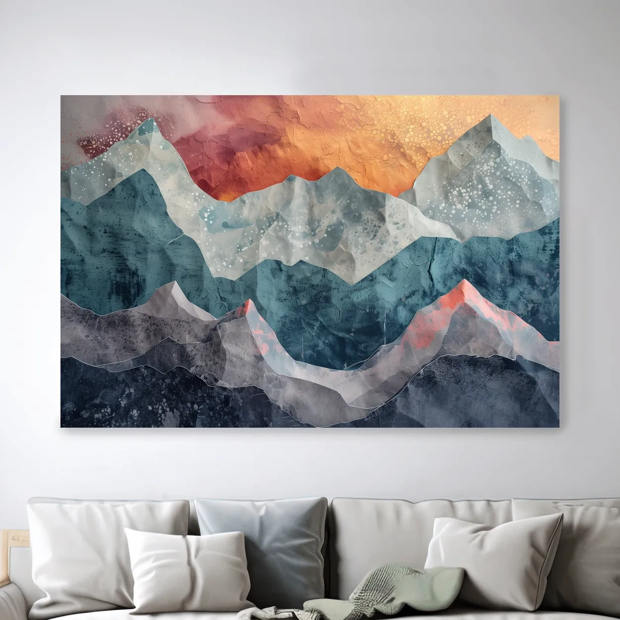 Abstract sunset mountain artwork, 3d textured paper effect