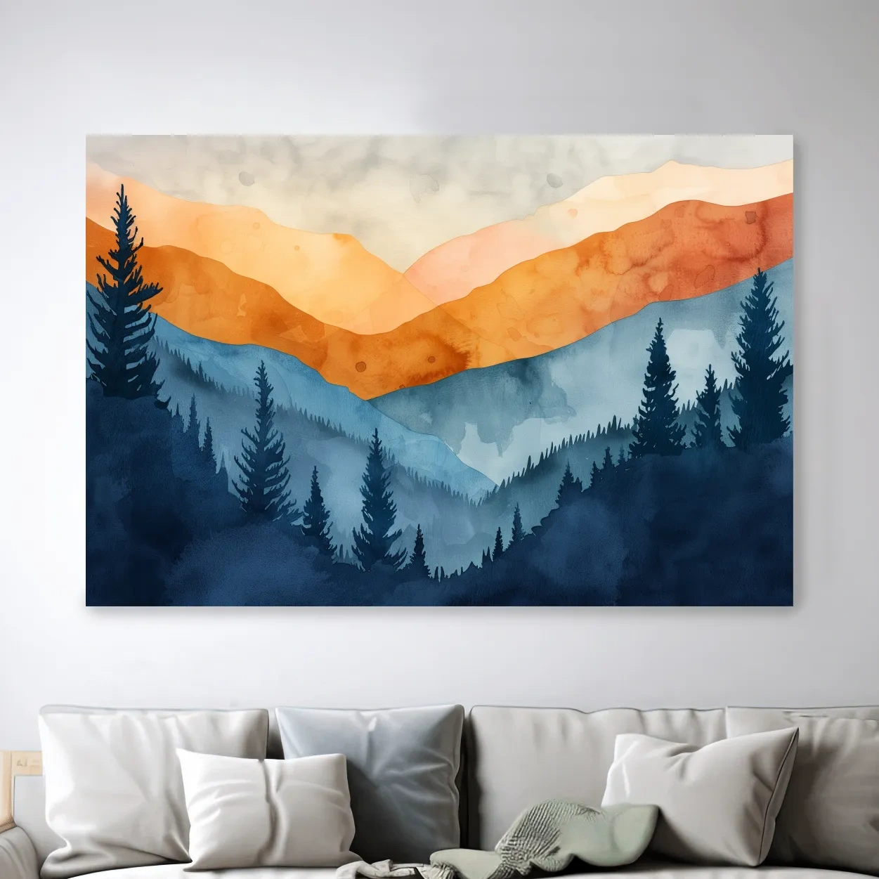 Mountain landscape and forest watercolour painting wall art