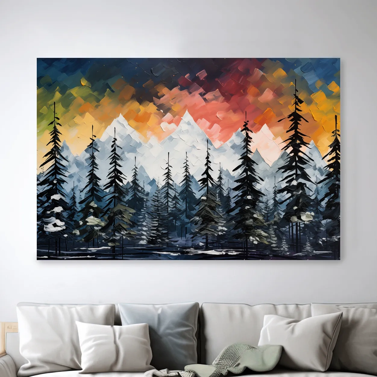 Moody Alpine Mountain Sunset With Pine Forest - Textured Palette Knife Painting Style Landscape Art