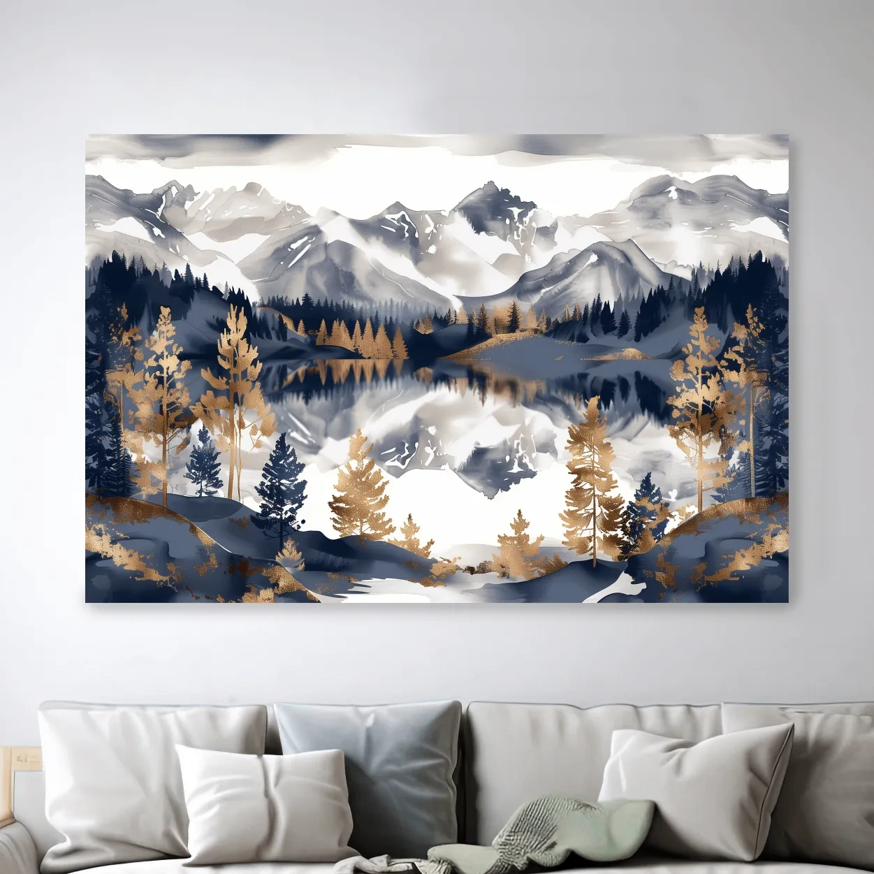Gold leaf style alpine lake and mountain wall art painting