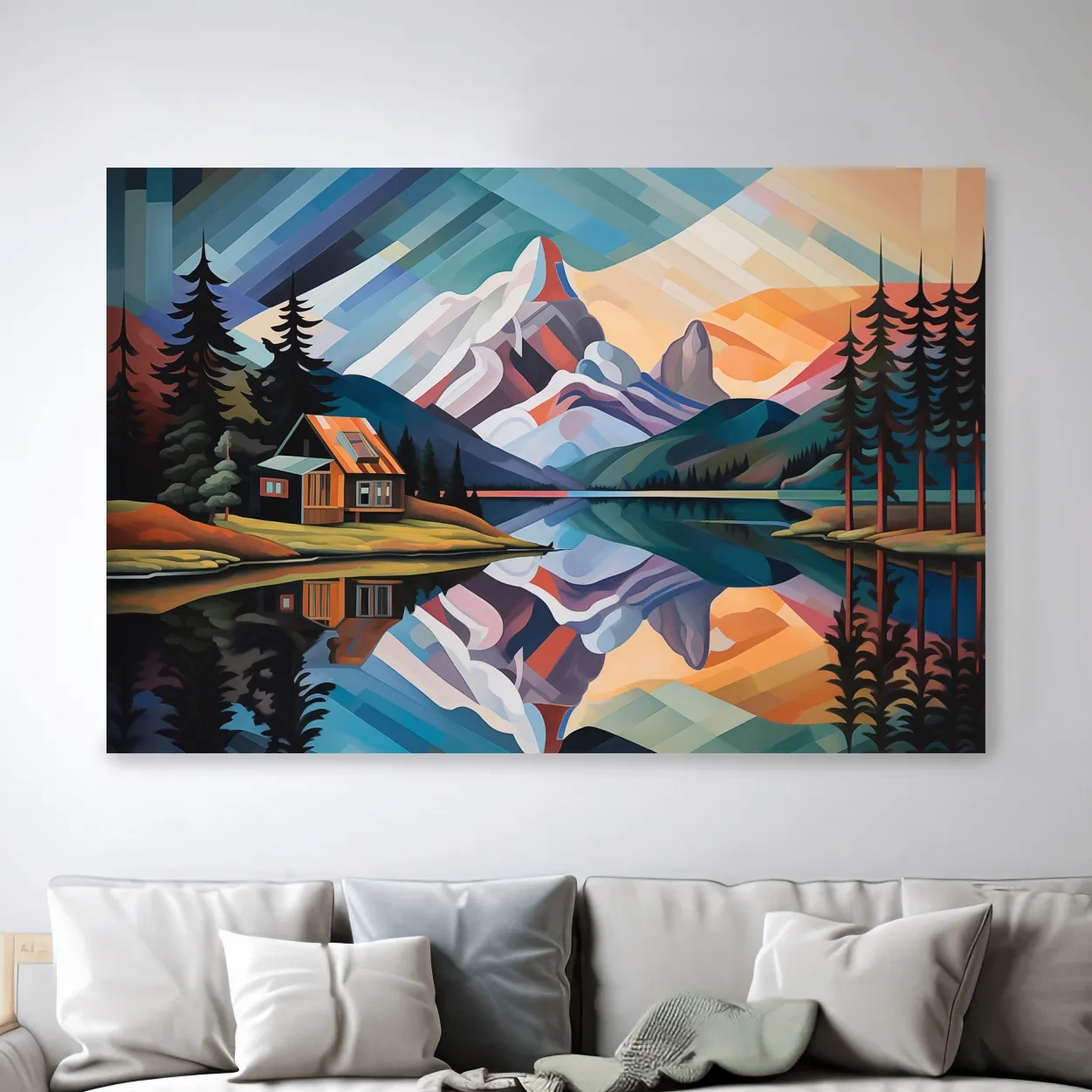 Abstract oil painting of a cabin by a lake at sunset