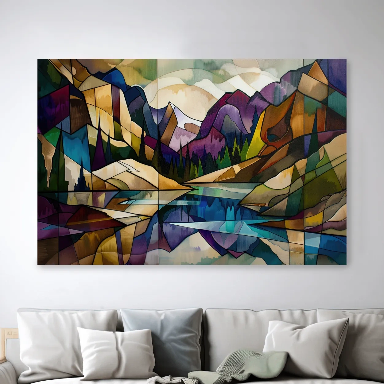 Alpine lake mountain art, colorful abstract leadlight style painting