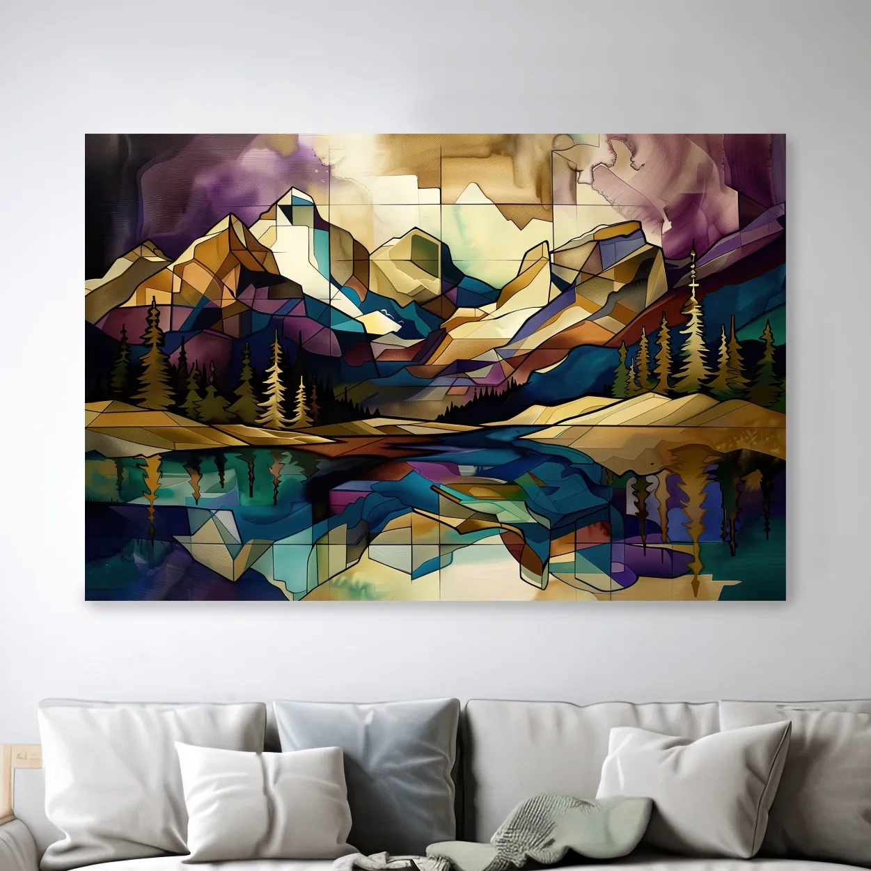 Geometric Stained Glass Mountain Lake Reflection - Colorful Abstract Landscape Artwork