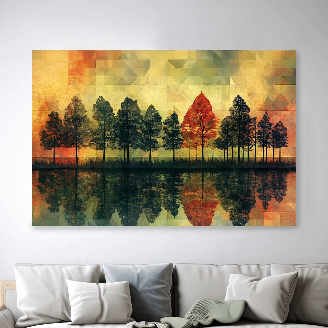 Autumn forest treeline reflections on a lake, mosaic style painting artwork