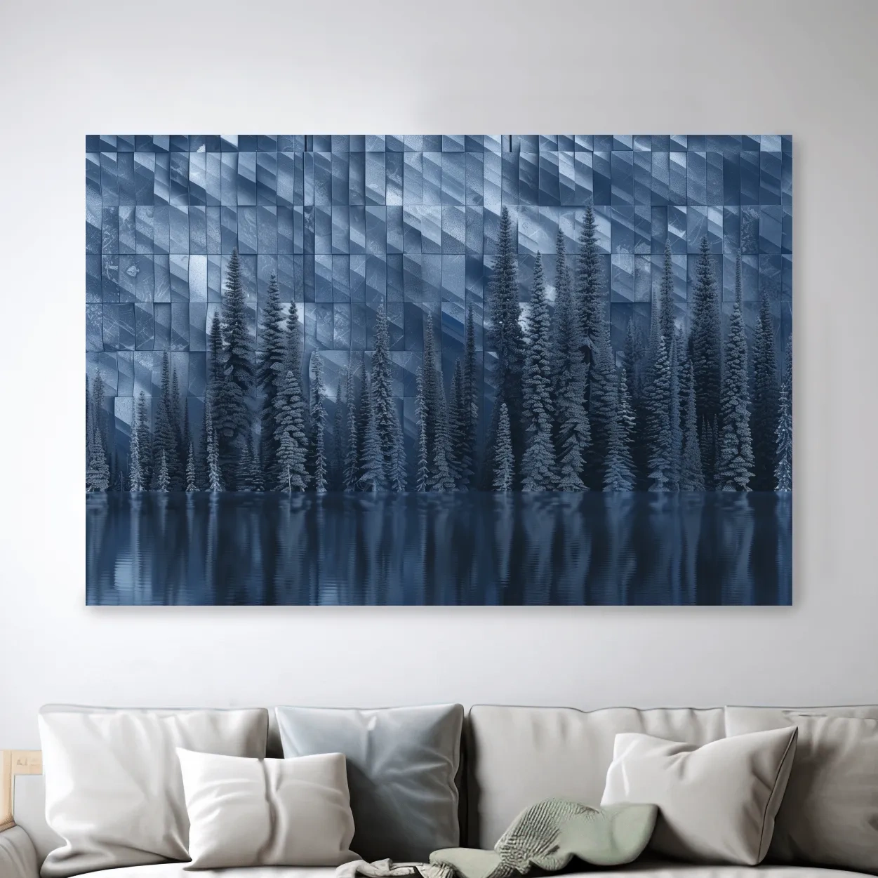 Digital forest artwork, trees reflecting on the lake, tessellated mosaic effect