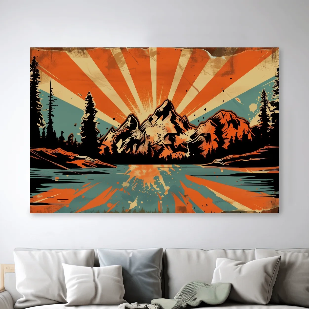 Retro comic book style halftone mountain wall art, sunrise rays from behind a glacier and alpine lake,