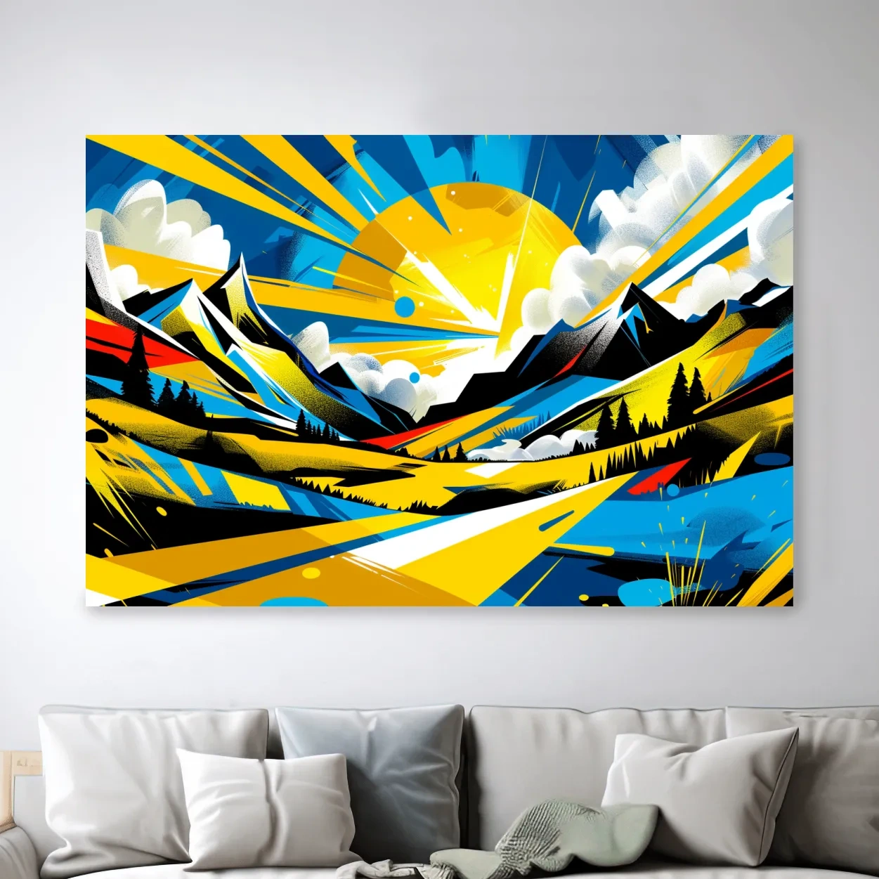 Vibrant Geometric Graffiti Mountain Sunset Landscape - Bold Pop Art Style Wall Art