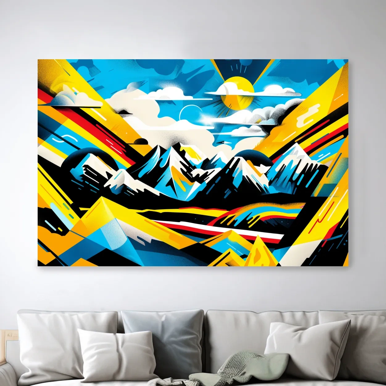 Vibrant bright colorful sunset mountain wall art, graffiti style illustration artwork