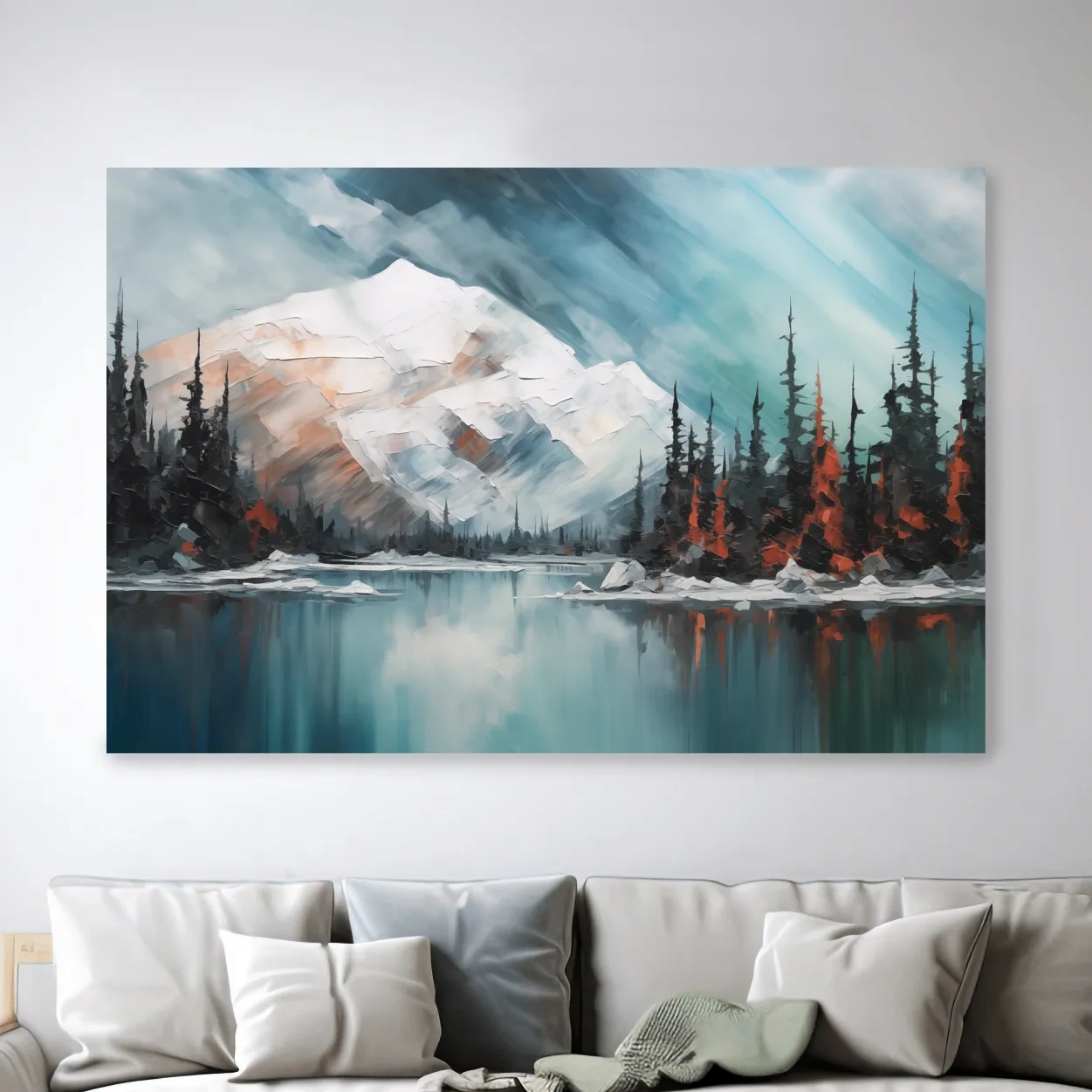 Oil painting of a snowy mountain and lake