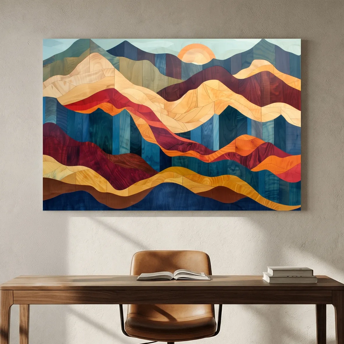 Layered Abstract Mountain Sunset Woodgrain - Mid Century Modern Wall Art