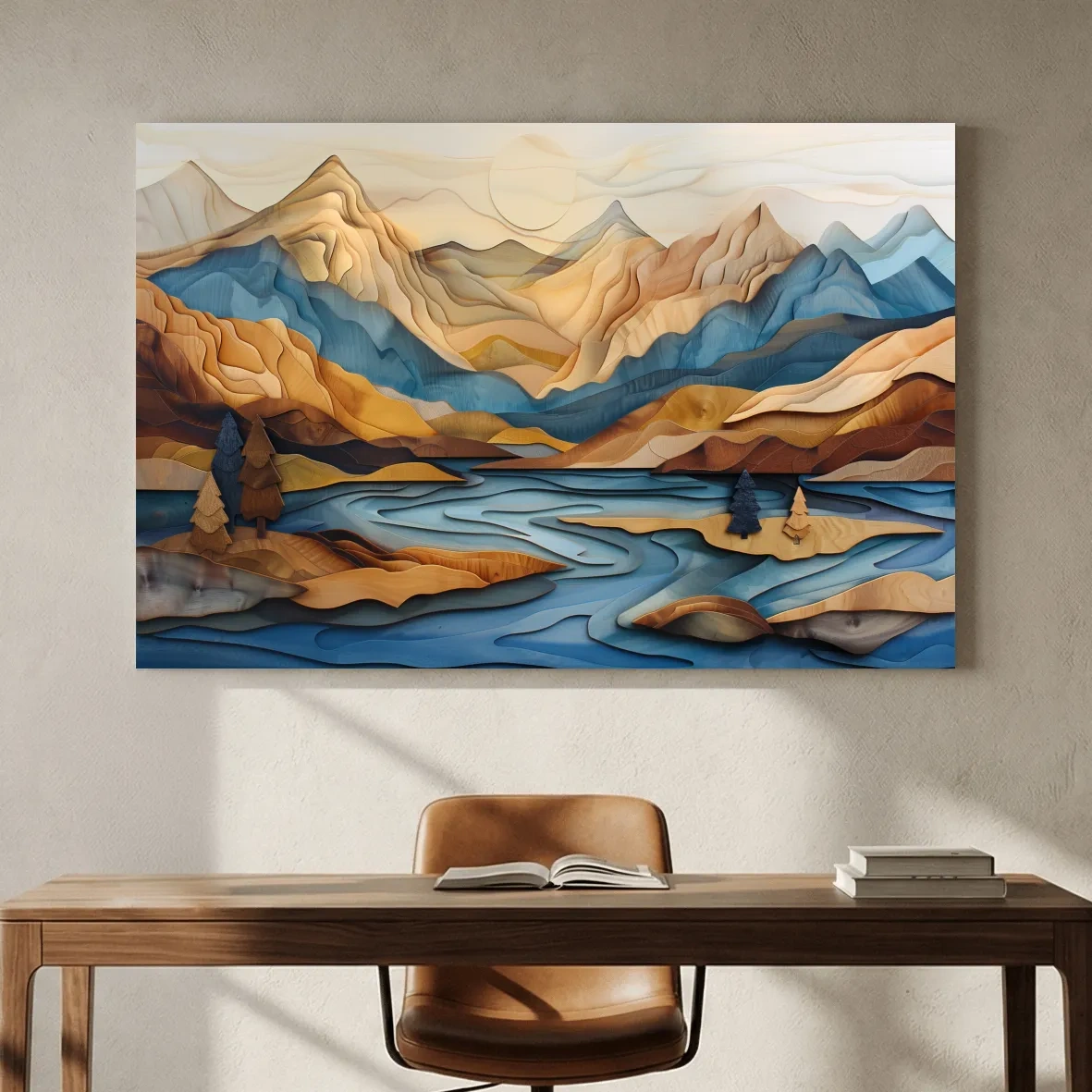 Wood Intarsia Style Alpine Mountain Lake Landscape - Modern Abstract Wall Art