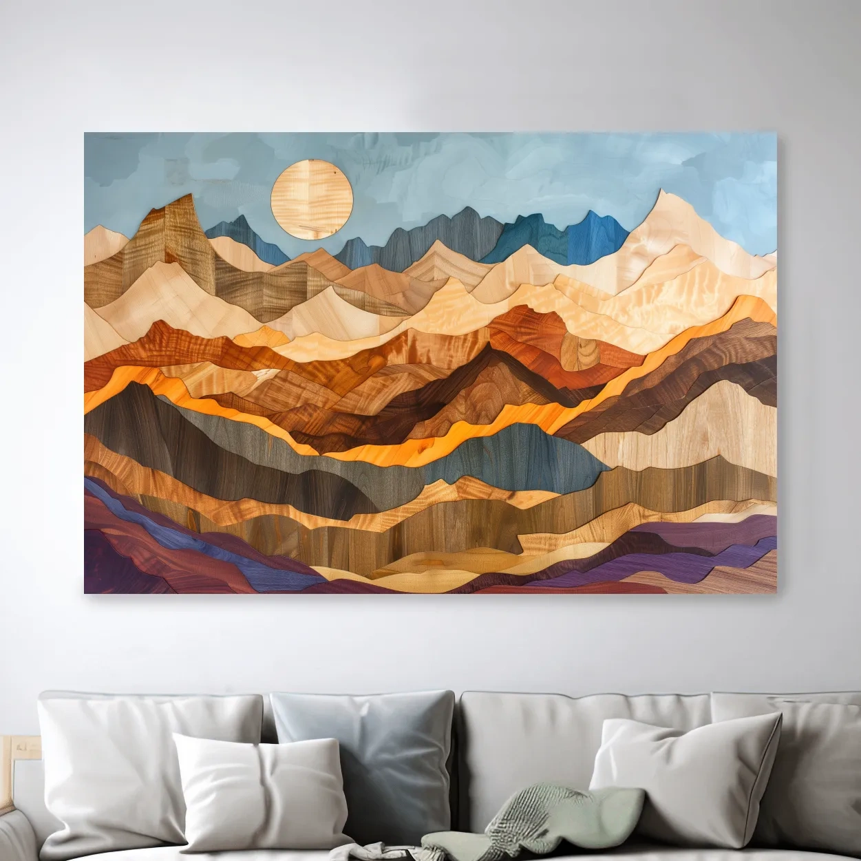 Layered Wooden Mountain Range - Intarsia Style Canvas Wall Art