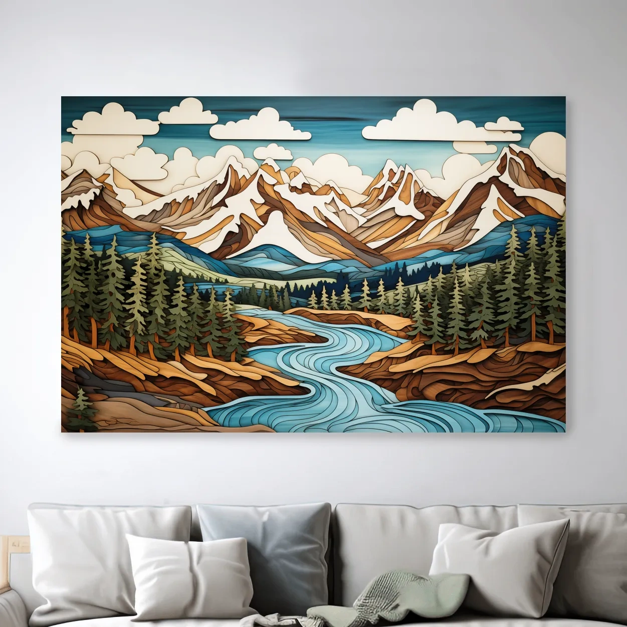 Intarsia style artwork of a mountain, river and forest landscape