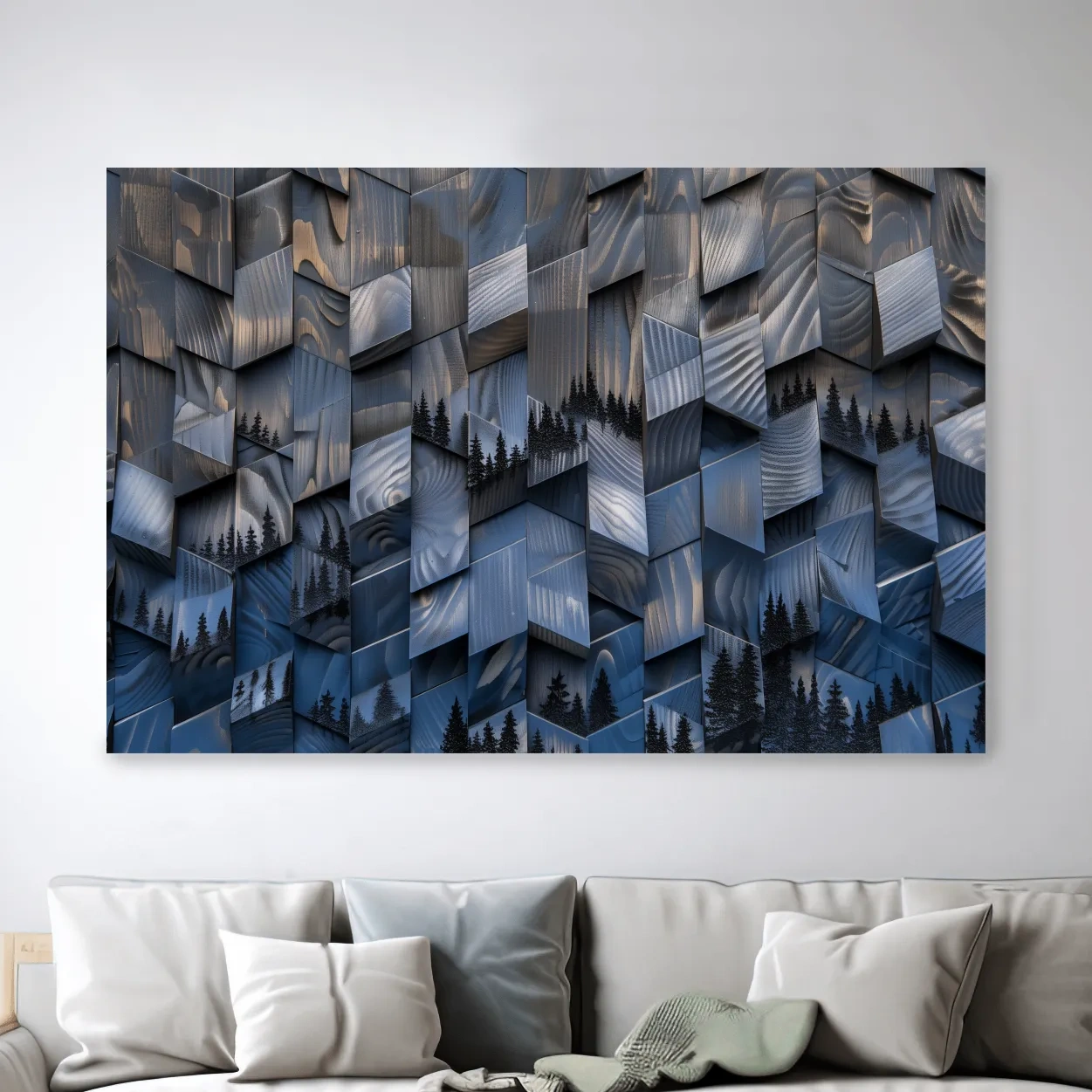 Wood Block Mountain Forest Collage - 3D Effect Abstract Landscape Wall Art