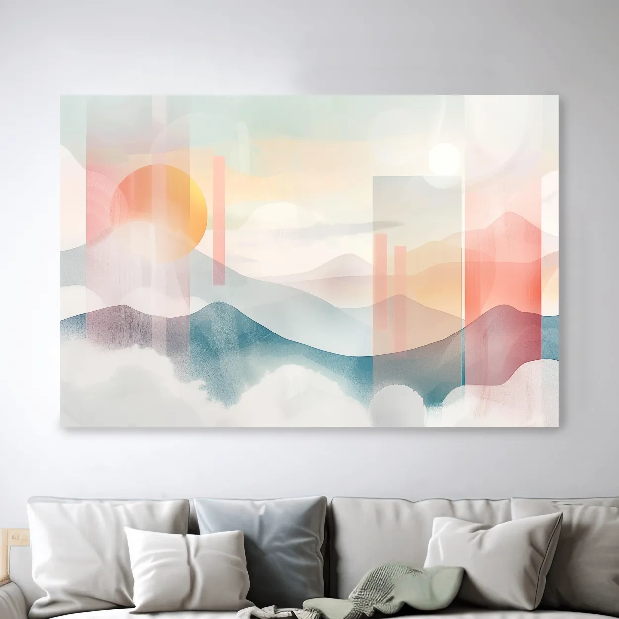 Mountains at sunset, soft pastel watercolor painting wall art
