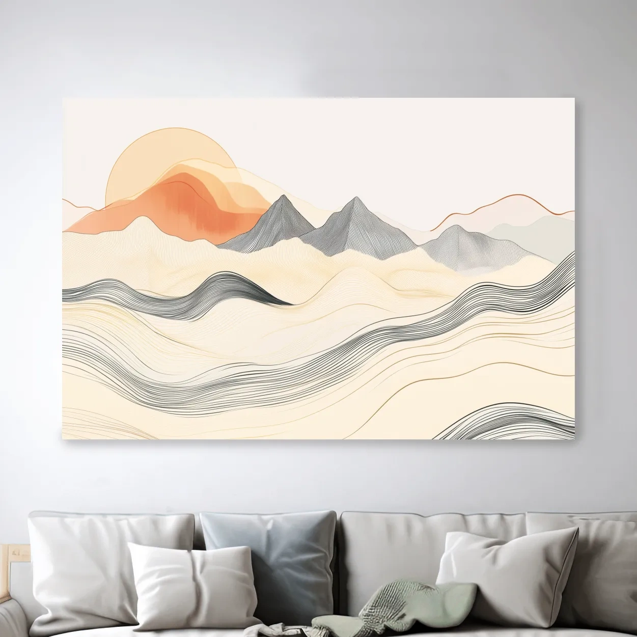 Mountain sunset wall art, abstract lineart illustration