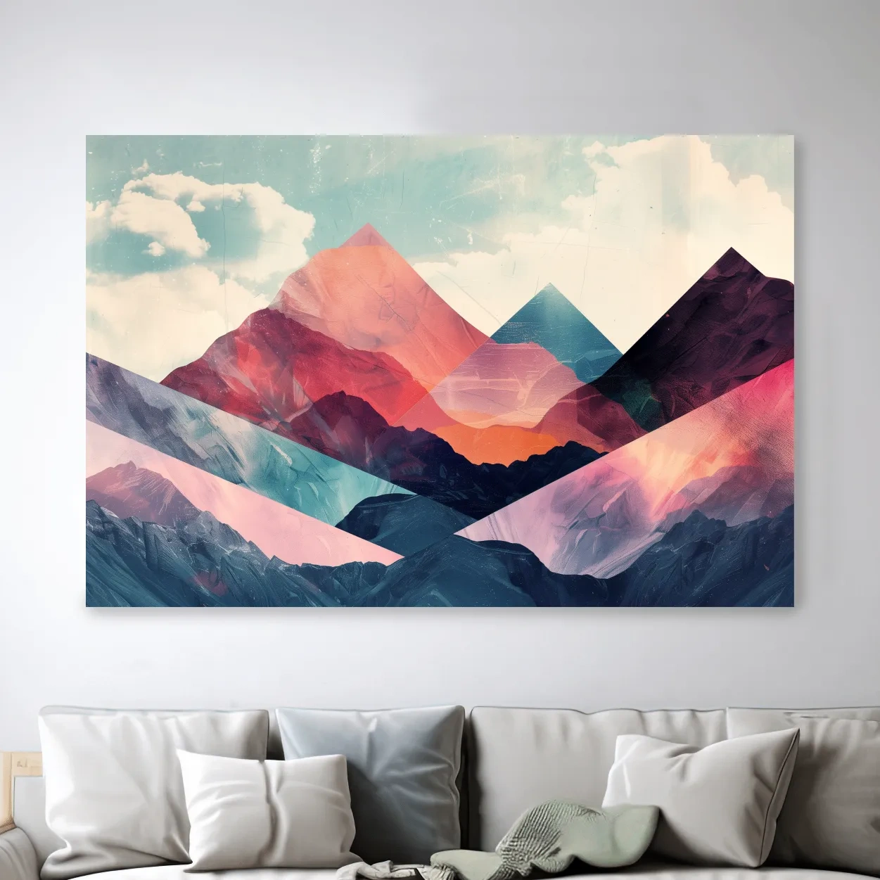 Vibrant colorful mountain wall art, mixed media collage effect