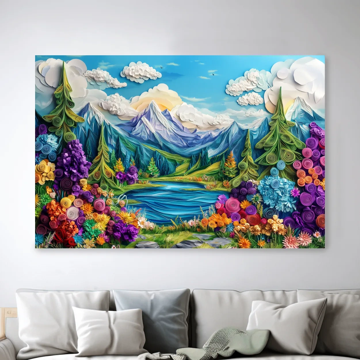 Vibrant alpine meadows artwork, 3D paper quilling effect